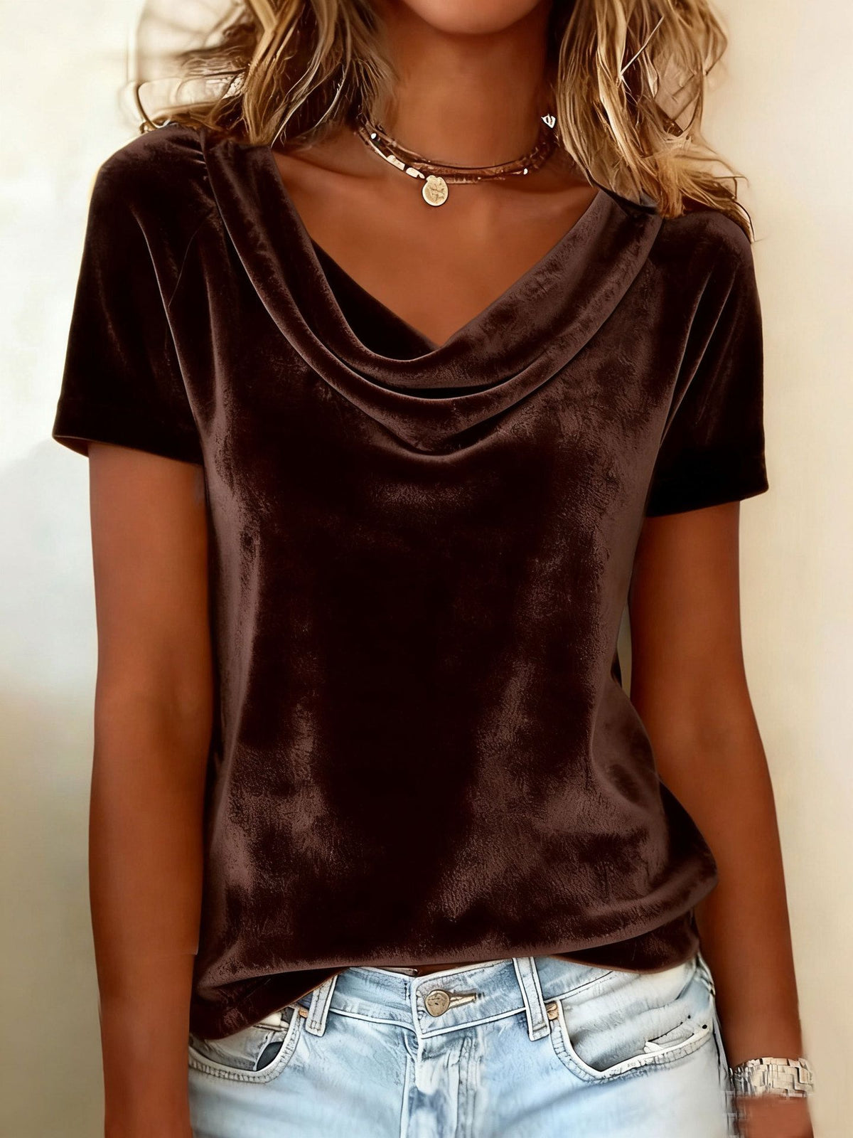 Dark brown velvet scoop-neck t-shirt with short sleeves and draped cowl neck