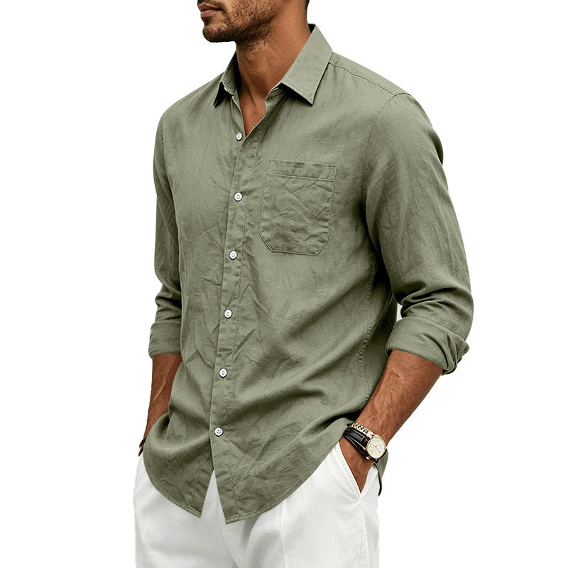Dark olive green linen loose-fit long-sleeve shirt, lapel collar, button front, chest pocket.