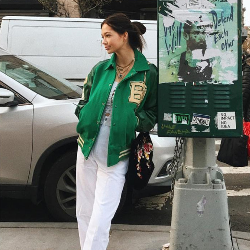 Women's Green Letter-Patch Baseball Jacket - product view 1