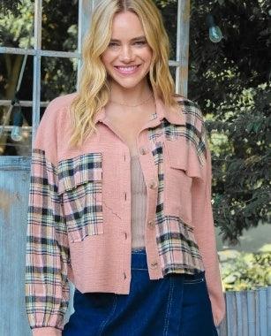 Hailey & Co pink plaid cropped jacket with button front and mixed plaid panels