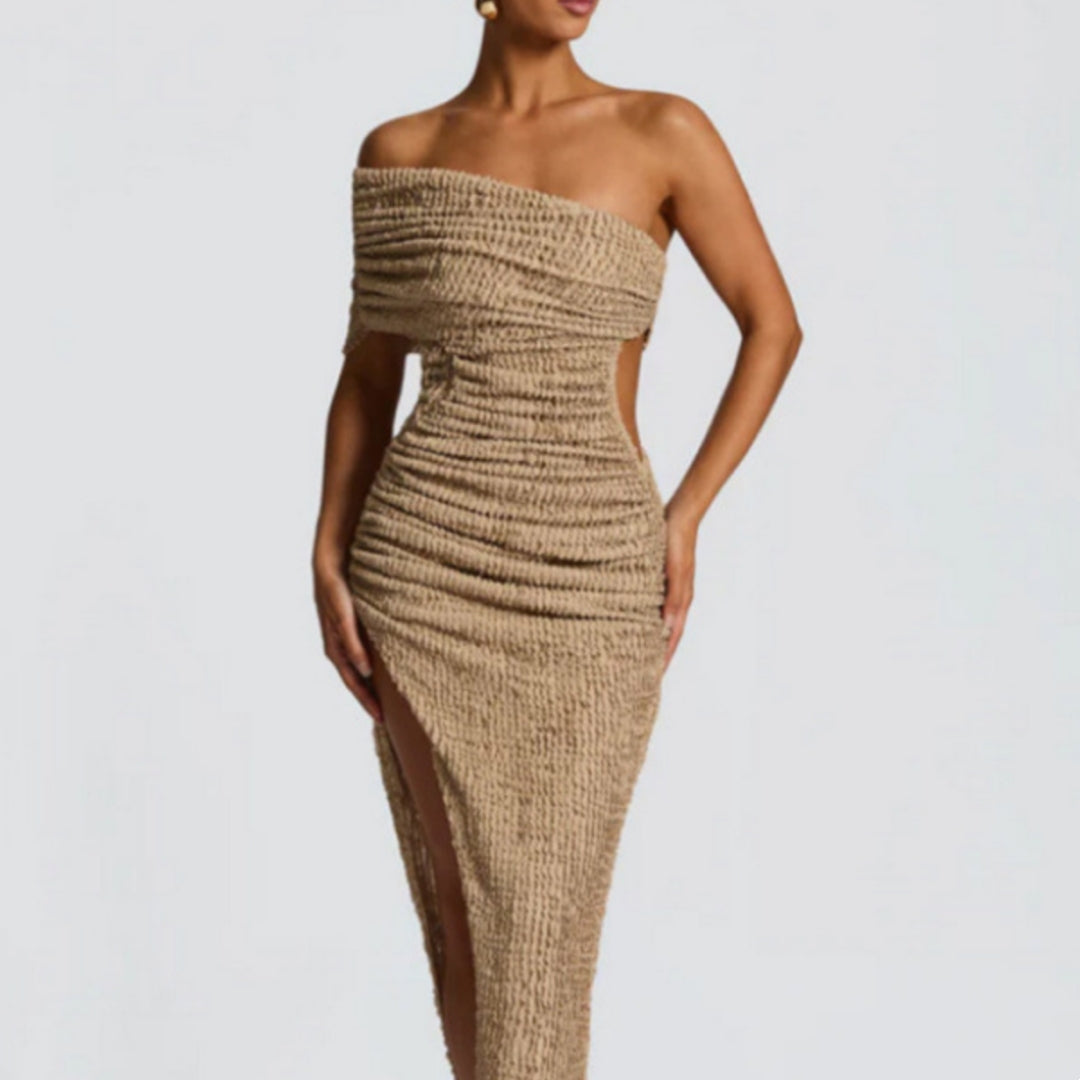 Camel textured long dress with off-shoulder smocked top, high slit, waist cutout