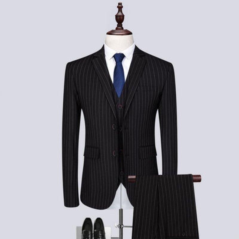 Boys black pinstripe dress suit jacket with matching pants and blue tie