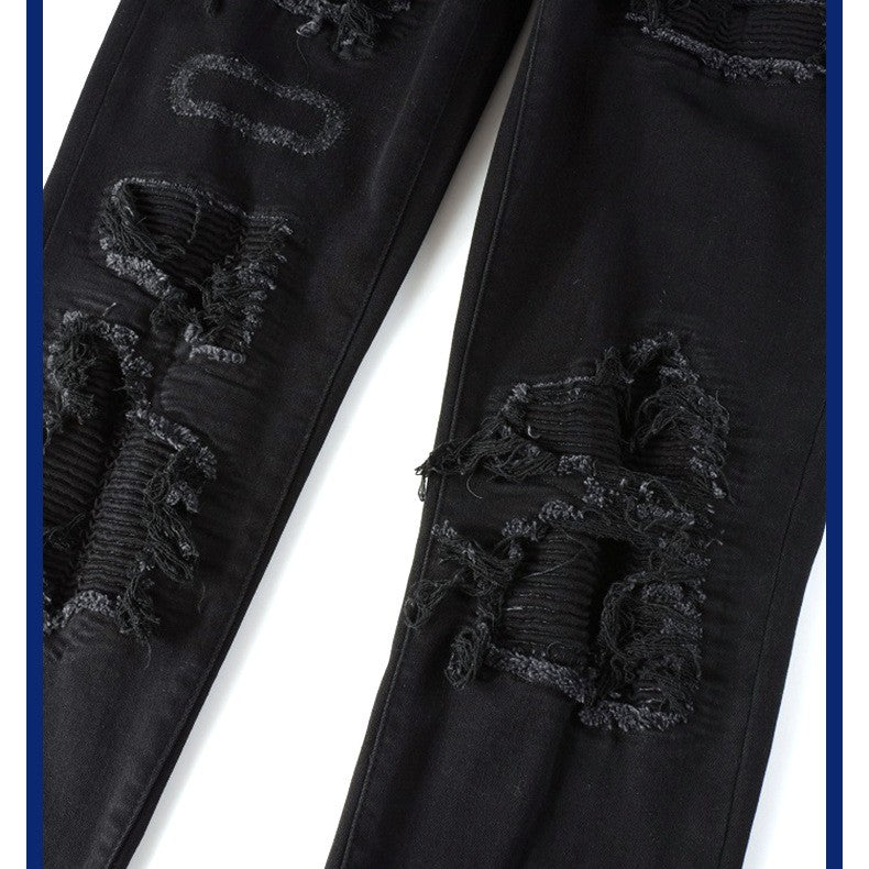Black Patch Pleated Jeans For Men - WOMONA.COM
