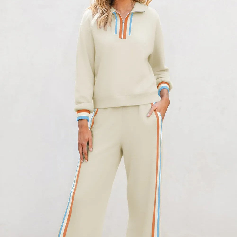 Women's Striped Quarter-Zip Pullover and Loose Pants Set