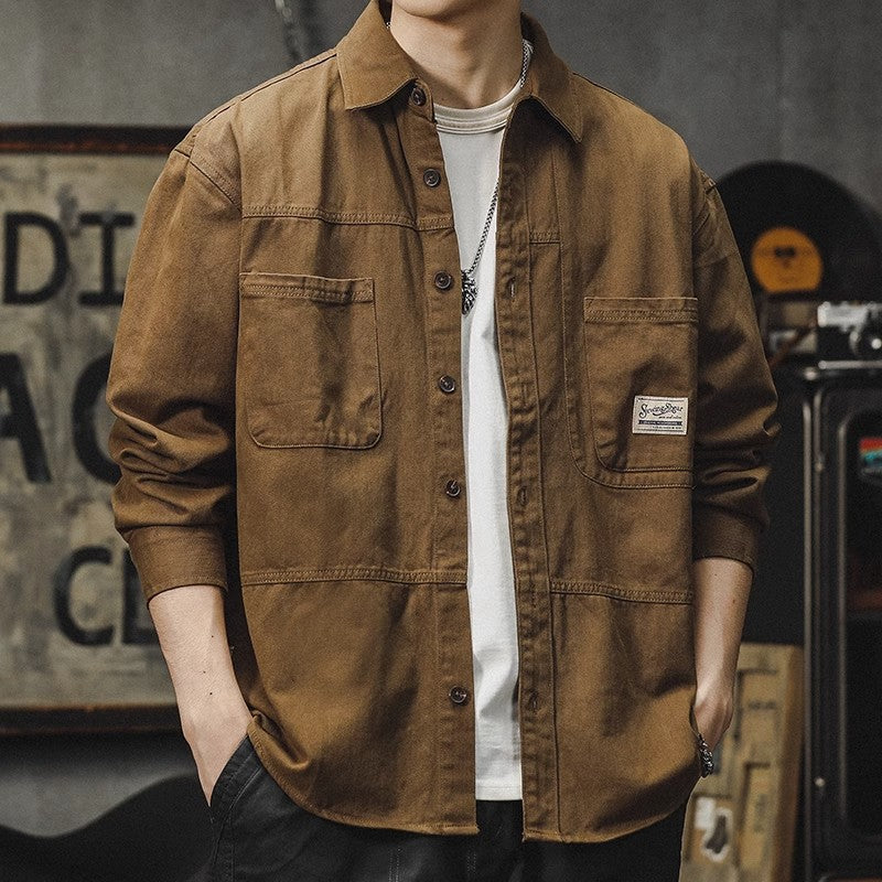 Men's long-sleeve shirt jacket in dark tan, button-up front and two chest pockets