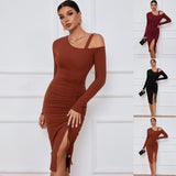 Women's Split Off-shoulder Sheath Long Sleeve Dress - WOMONA.COM