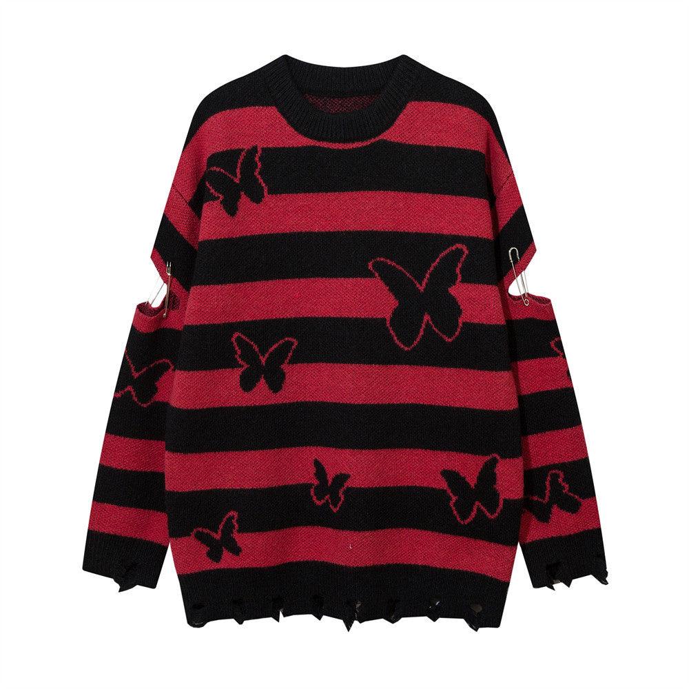 Striped Contrast Color Butterfly Round Neck Sweater - WOMONA.COM