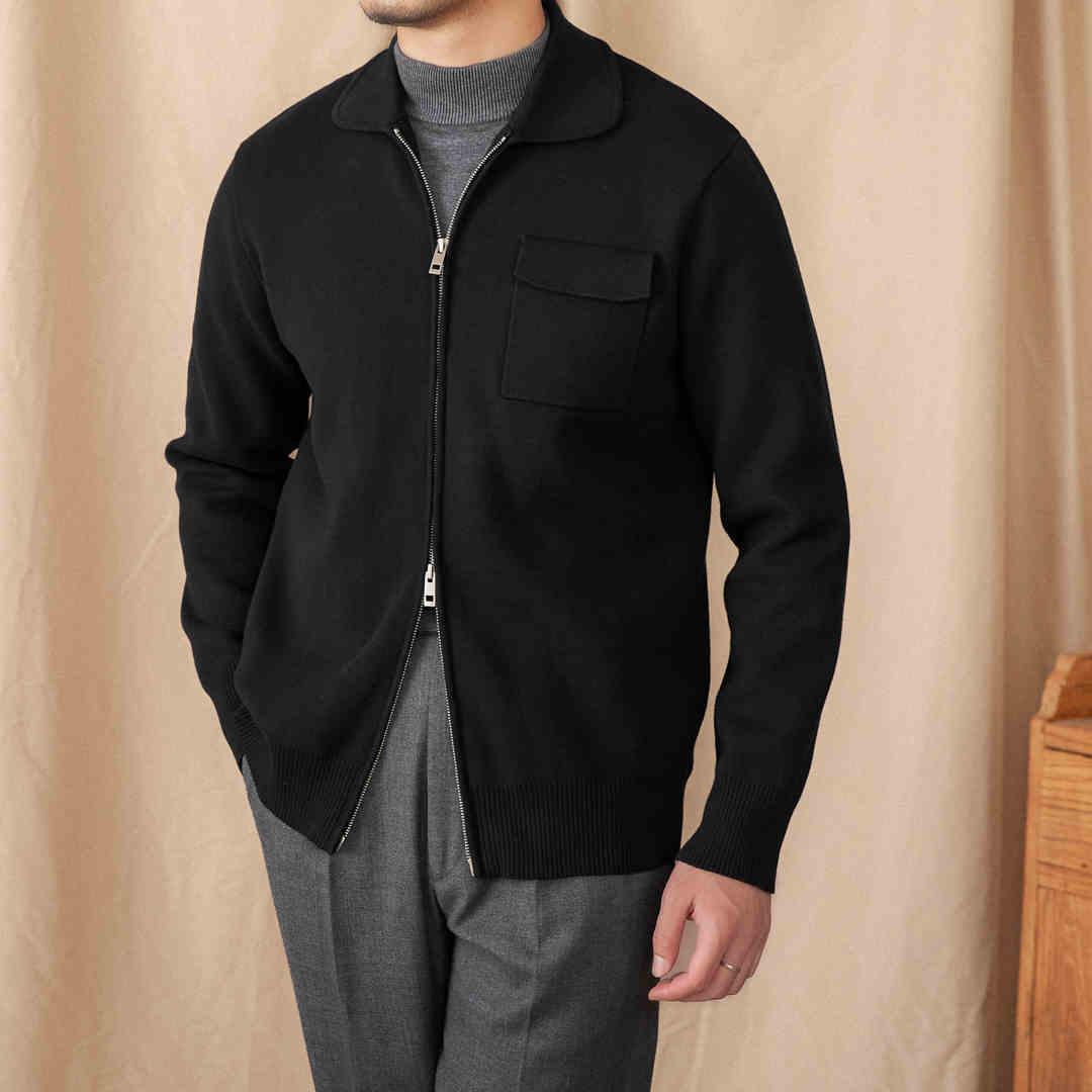 Black knitted polo-collar cardigan coat with full zip, chest pocket and long sleeves