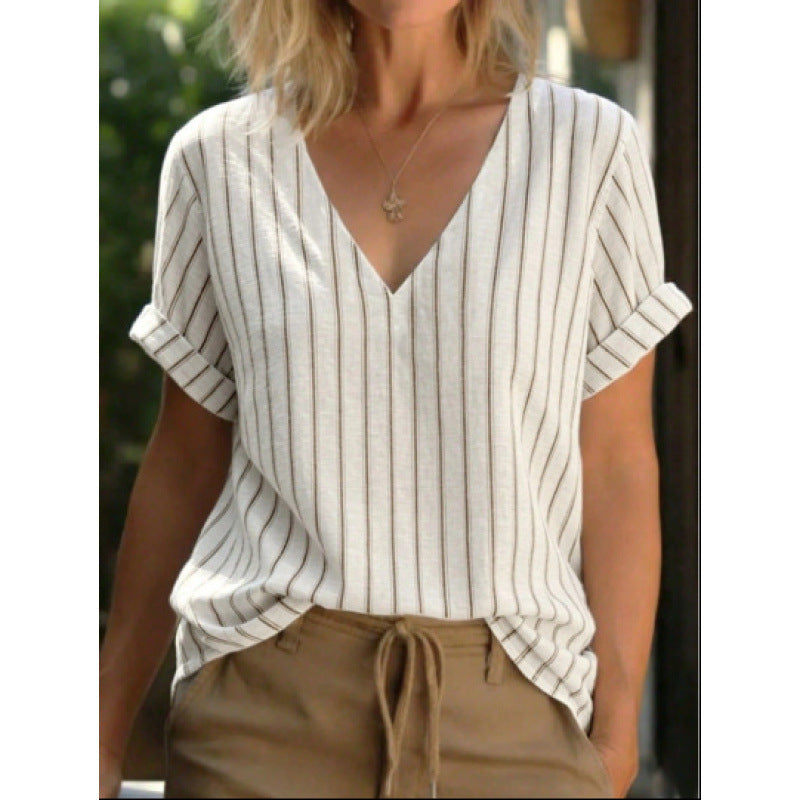 Women's striped V-neck casual top in cream with vertical navy-gray stripes and cuffed short sleeves
