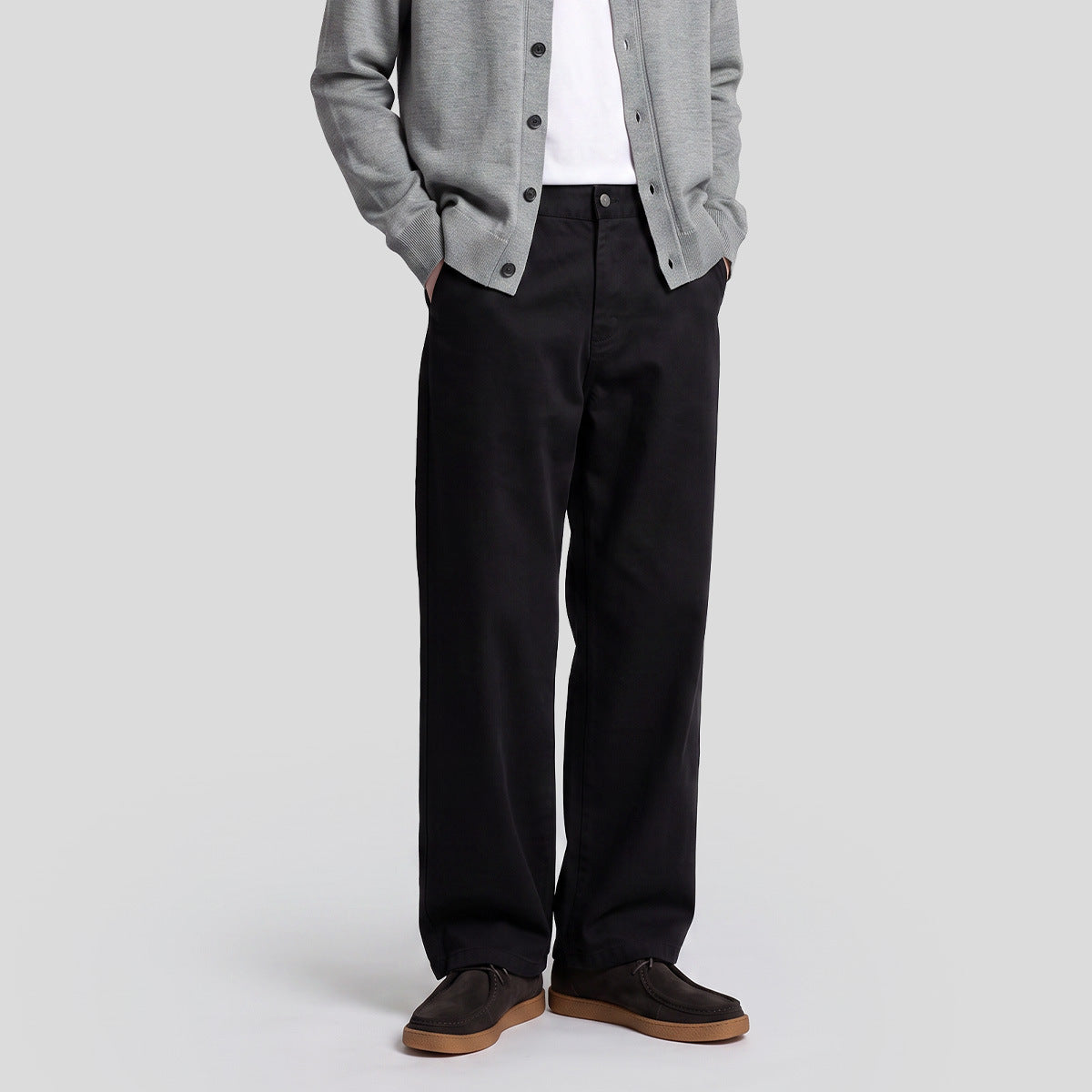 Men's relaxed-fit trousers, black, full-length wide legs with button fly