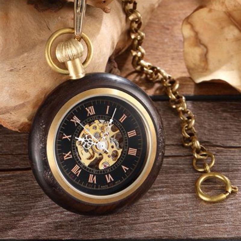 Red Copper Wood Roman Scale Retro Mechanical Pocket Watch - WOMONA.COM