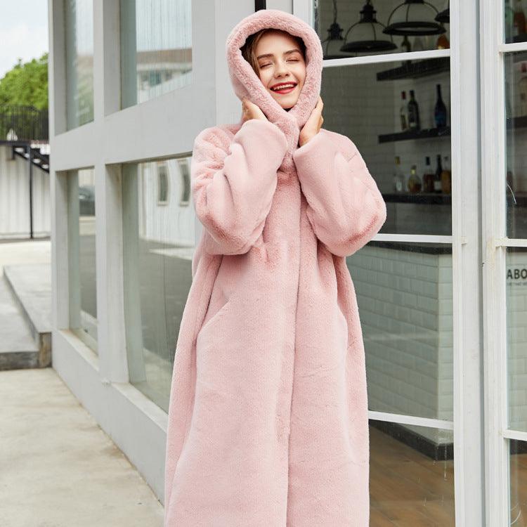 Pink hooded plush coat with full-length front and soft textured fabric