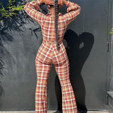 Fashion Women's Wear Long Sleeve Printed Checks Suit - WOMONA.COM