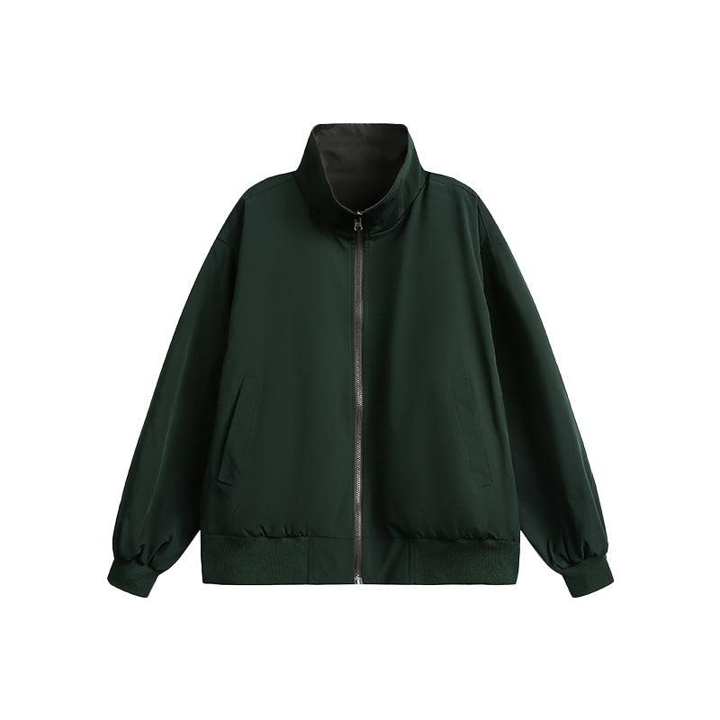 Dark green stand-collar bomber-style jacket, full-length zipper, elastic cuffs