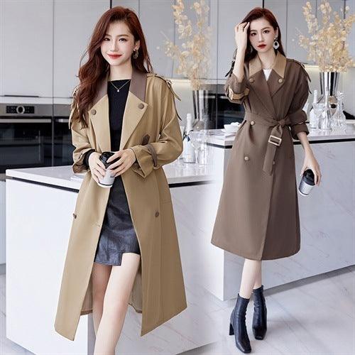 Women's mid-length khaki trench coat with double-breasted buttons and tie belt
