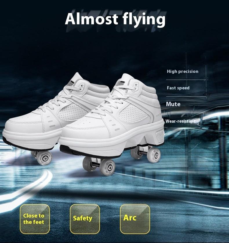 Women’s four-wheel Heelys dual-use skates, white high-top sneakers with side wheels