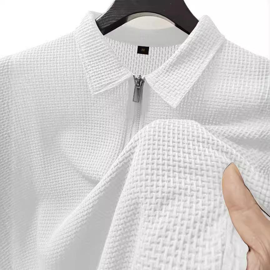 Men's white textured zip-front casual top with point collar
