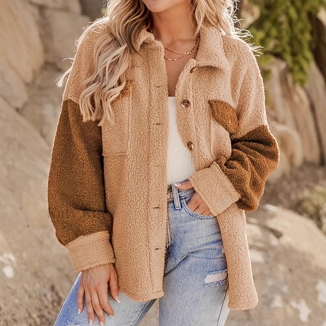 Camel lamb wool button-front sherpa coat with stand collar and flap chest pockets