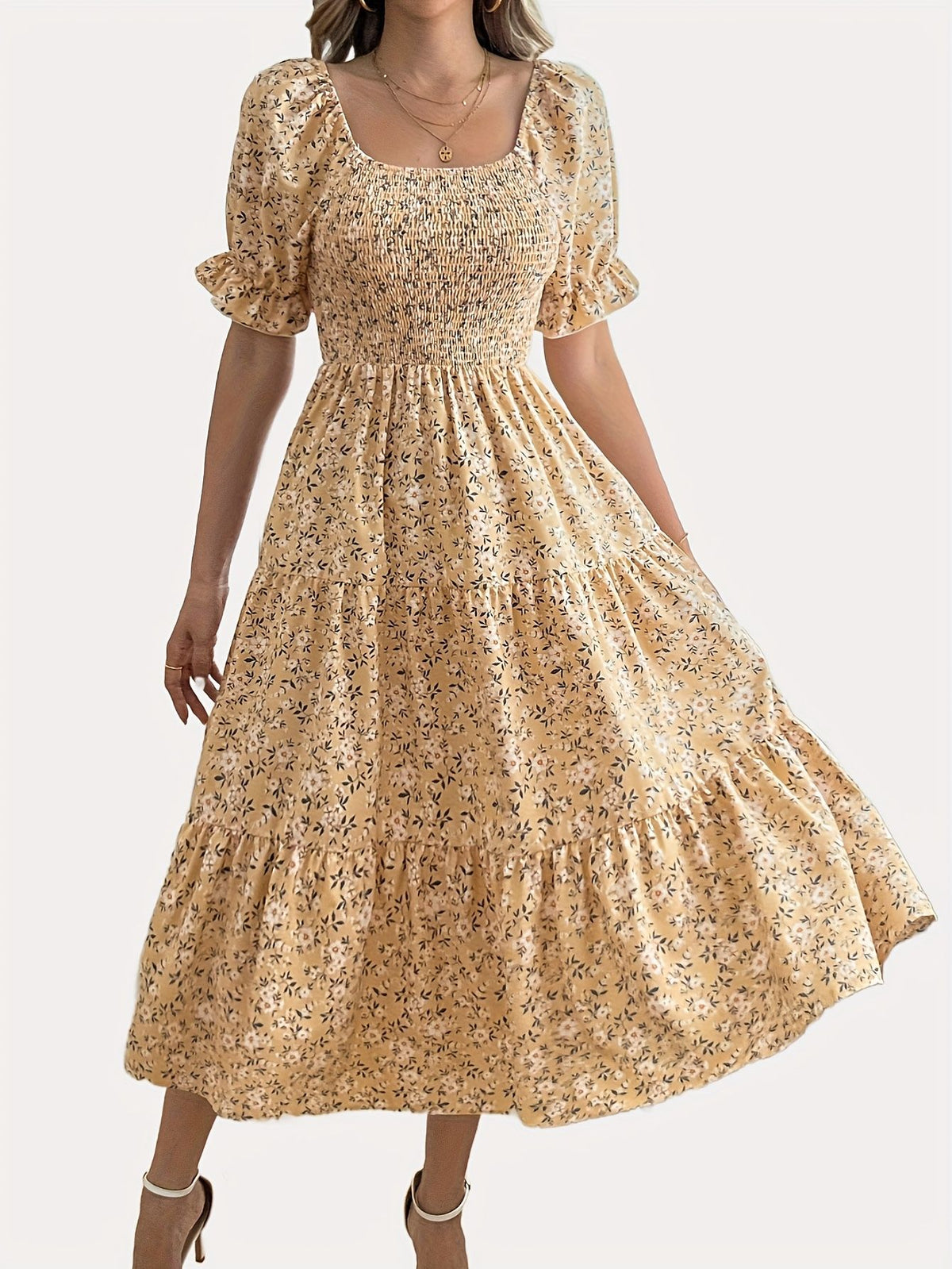 Khaki floral long casual dress with square neckline and puff sleeves, tiered gathered skirt