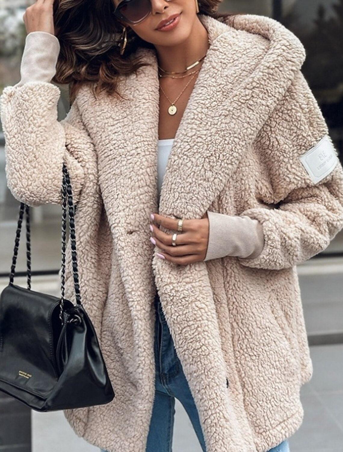Apricot textured fleece long-sleeve jacket with hood and side pockets