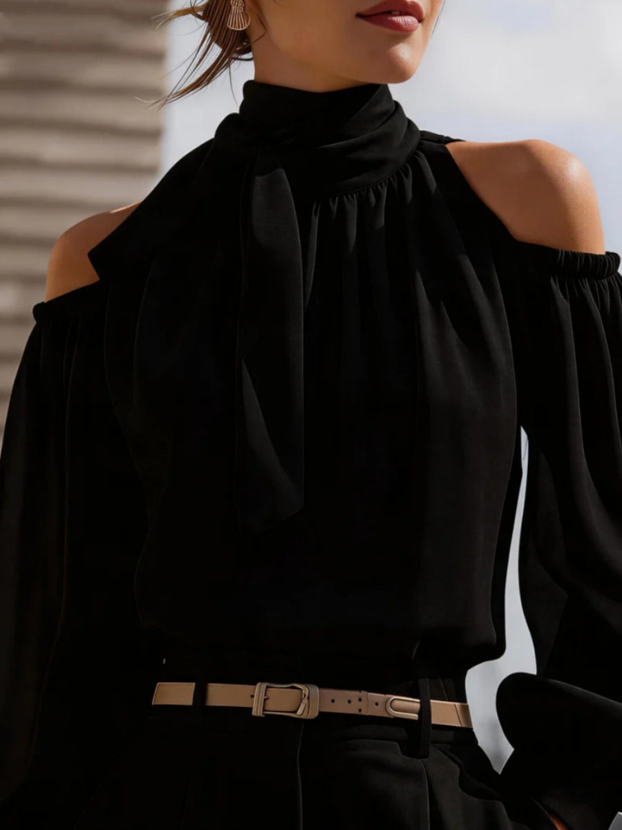 Black off-shoulder stand-collar top with gathered neck and long bow tie detail