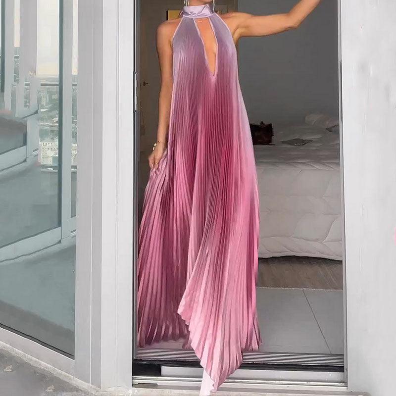 Fashion Pleated Gradient Halter Lace-up Backless Dress - WOMONA.COM