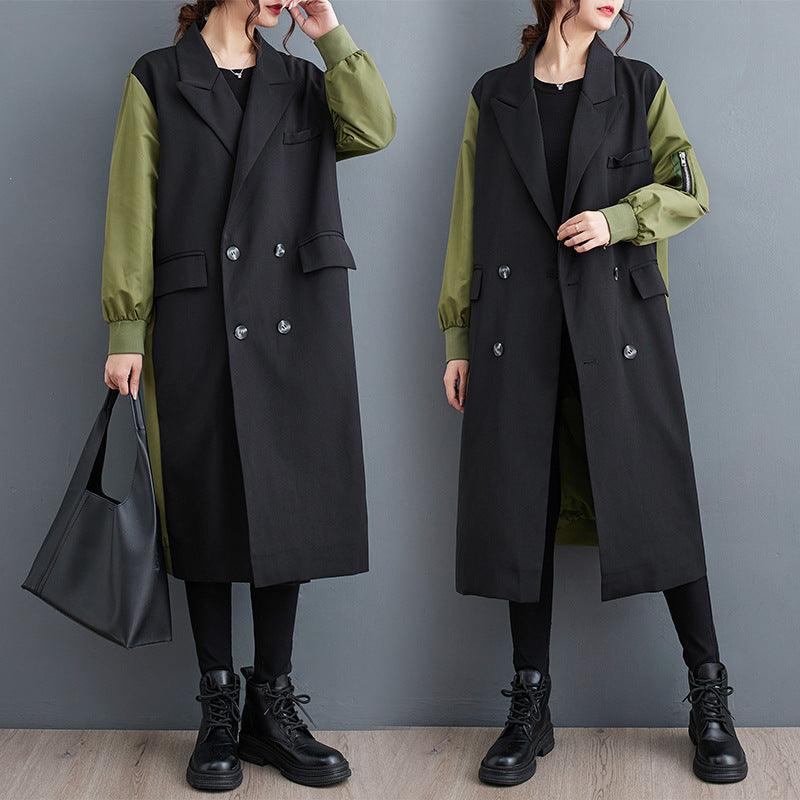 Black and green double-breasted long coat with suit collar, patch pockets, cuffed sleeves