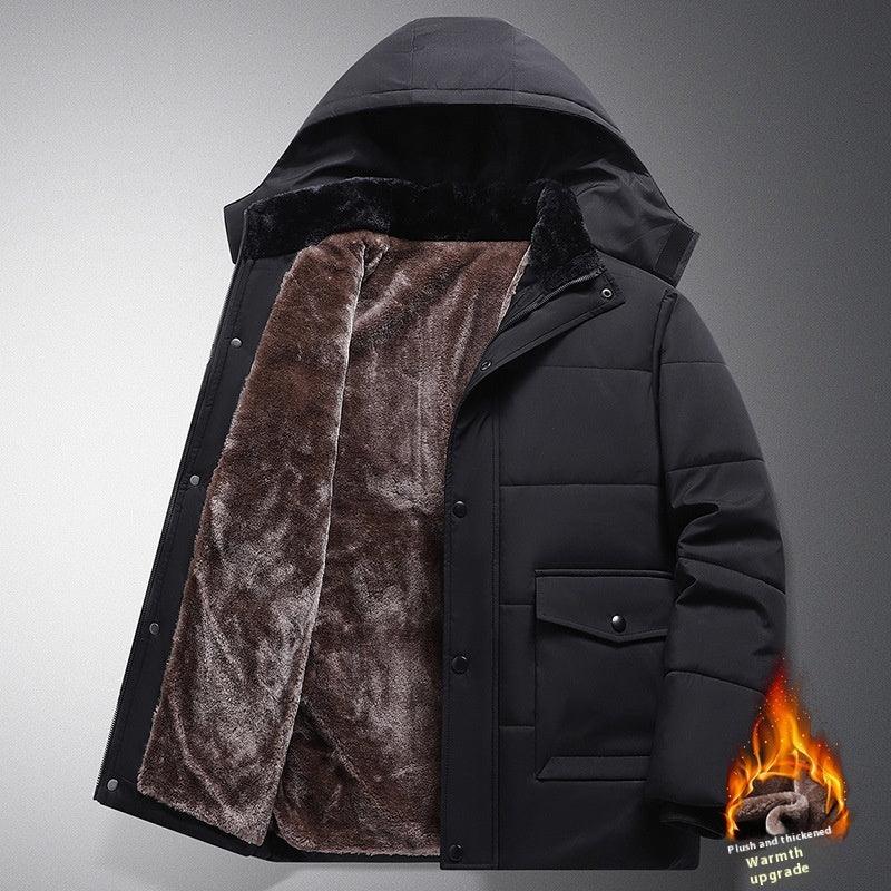 Men's black padded winter coat with brown velvet-lined hood and front pockets