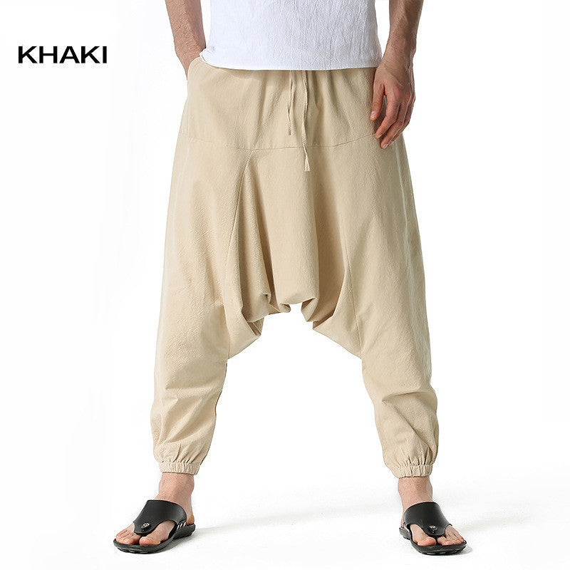 Men's loose flying squirrel pants, khaki, drawstring waist, elastic ankle cuffs