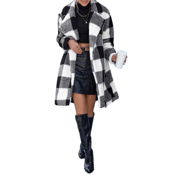 Women's Lapel Long Sleeve Non-buckle Plaid Long Coat