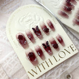 Wine Red Camellia Butterfly Fake Nails - WOMONA.COM