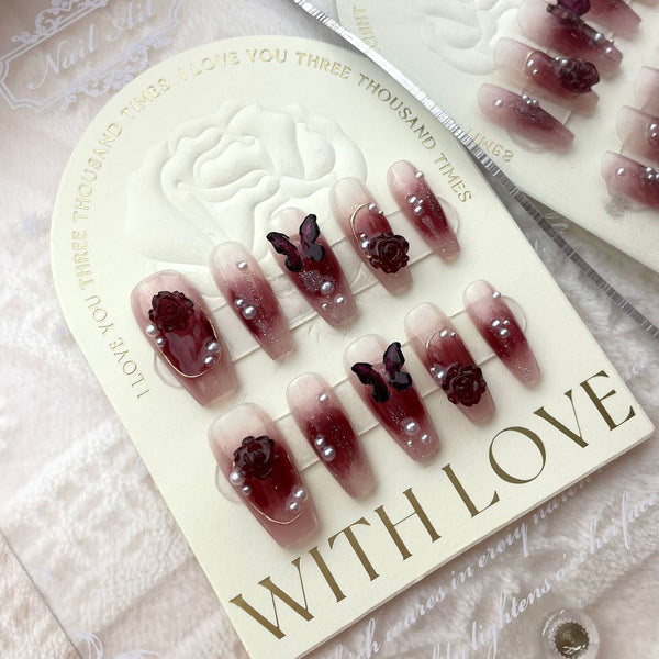 Wine Red Camellia Butterfly Fake Nails - WOMONA.COM