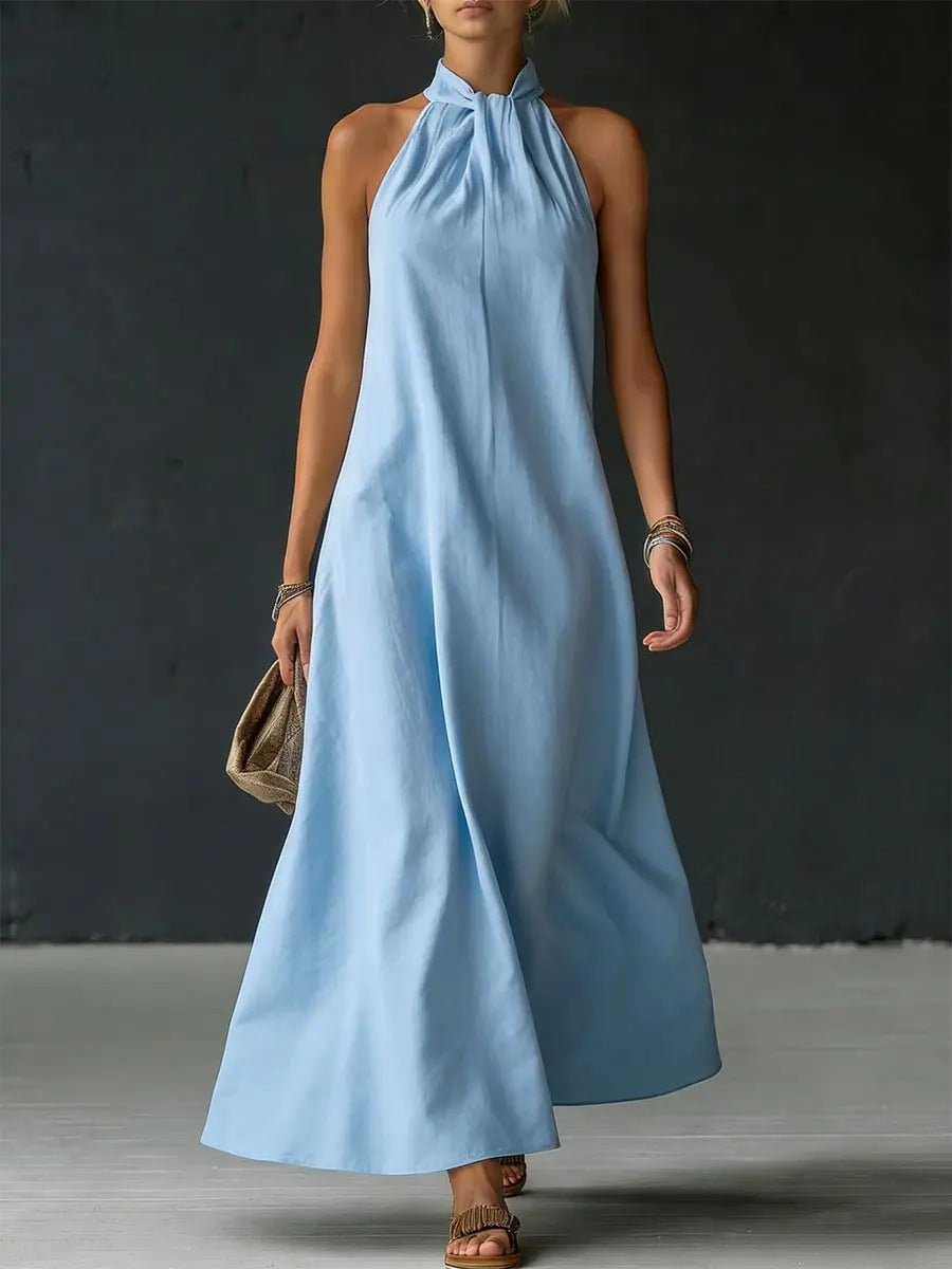 Light blue off-shoulder sleeveless cross-strap maxi dress, gathered high neckline