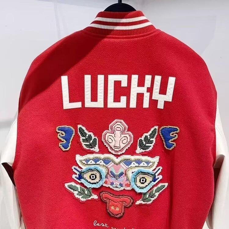 Men's red hooded baseball jacket back with 'LUCKY' lettering and floral applique graphic