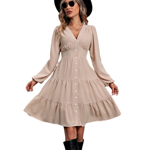 Commute Style Long Sleeve V-neck Stitching Waist Girdle Dress - WOMONA.COM