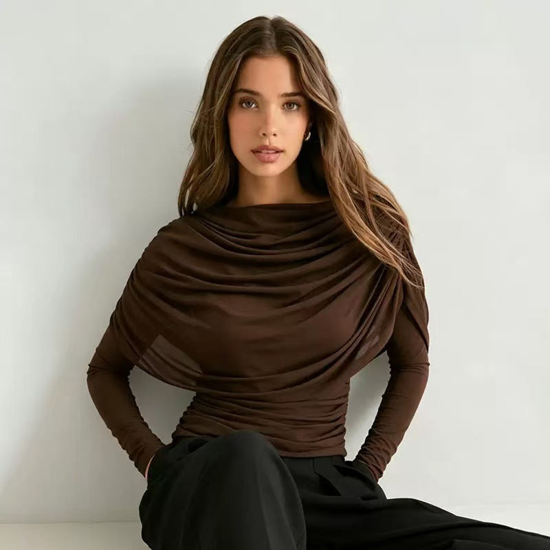 Brown turtleneck pleated drape-fit long-sleeve top with gathered neckline