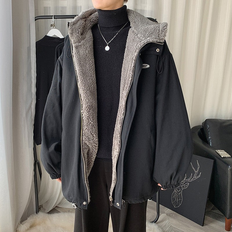 Men's thick lamb wool-style padded casual jacket in black, apricot and green – photo 1 of 7