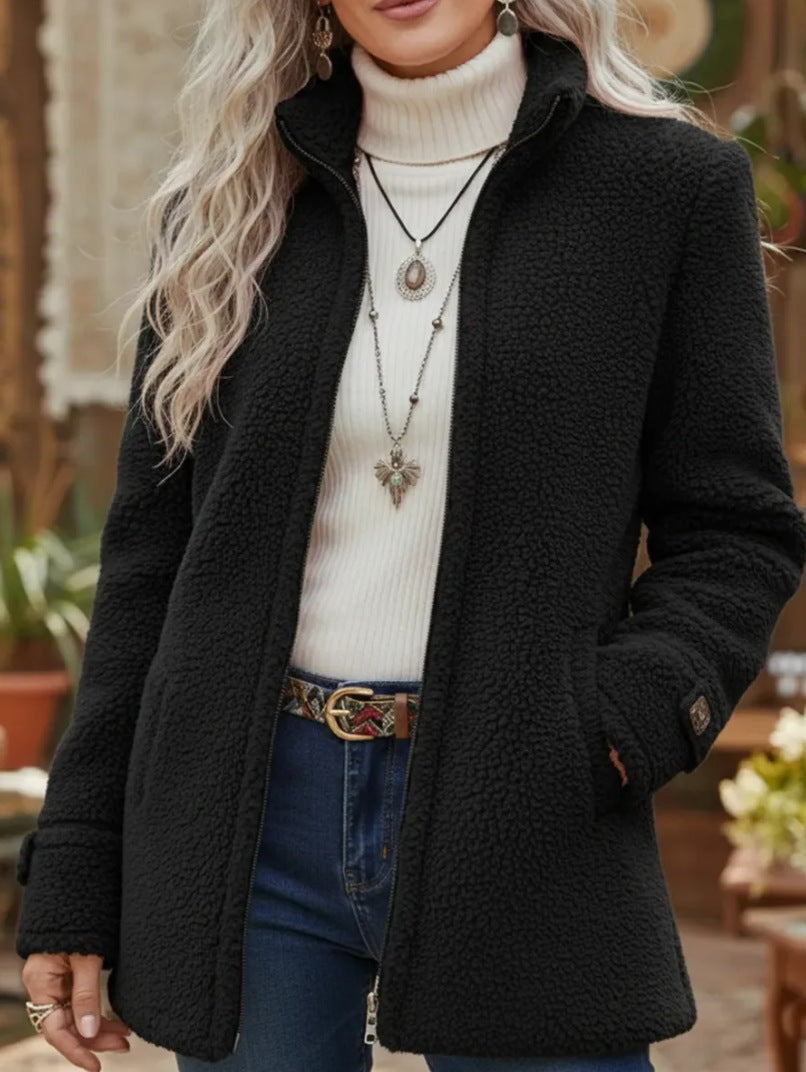 Women's relaxed stand-collar zip-up jacket