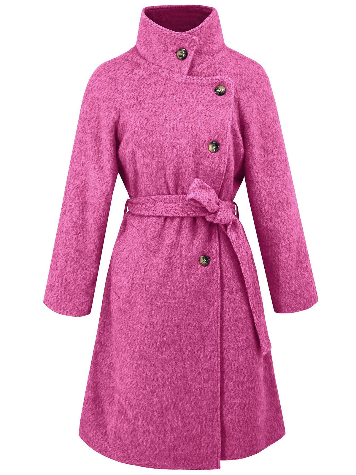 Womens rose wool coat, high neck, long sleeves, double-breasted buttons, waist tie belt