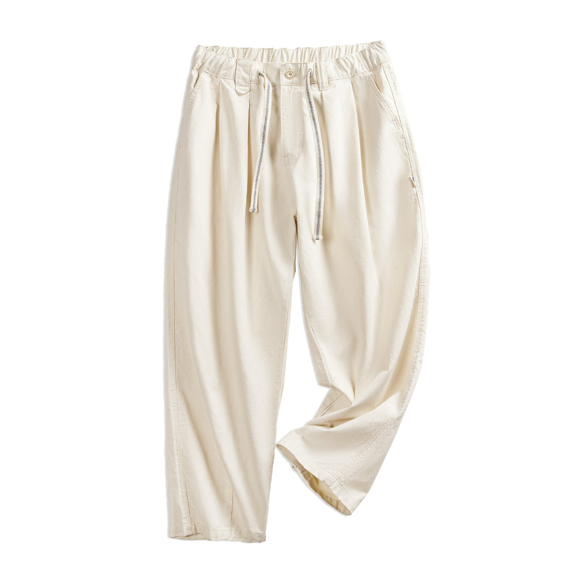 Cream relaxed fit wide-leg pants with elastic waist and drawstring ties