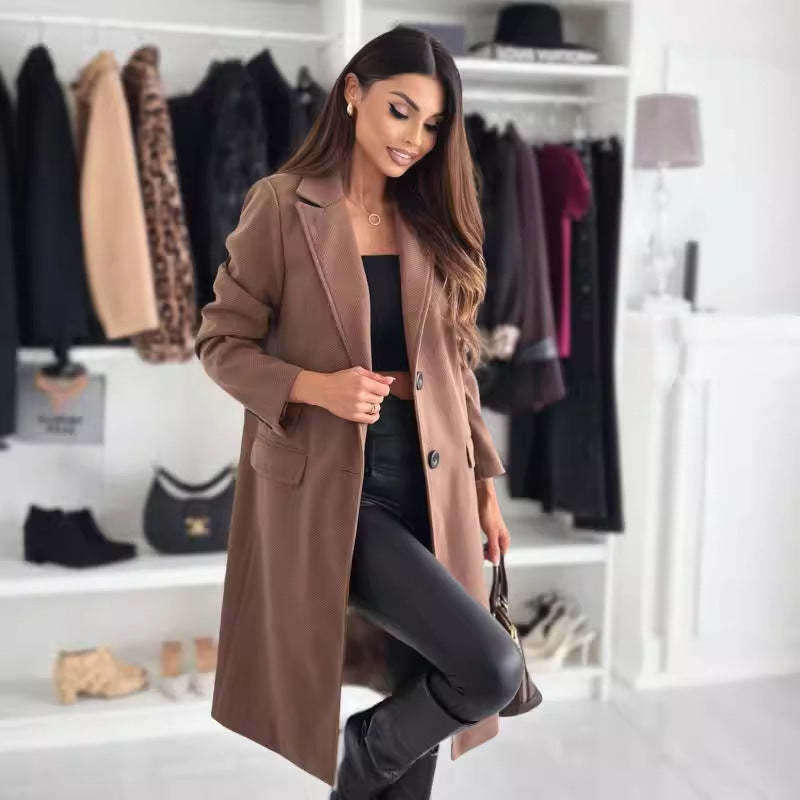 Simplicity Long Sleeve Solid Color Single-breasted Woolen Coat - WOMONA.COM