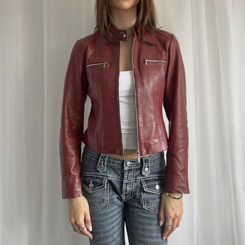 Wine red PU leather zip-up jacket with stand collar and two chest pockets