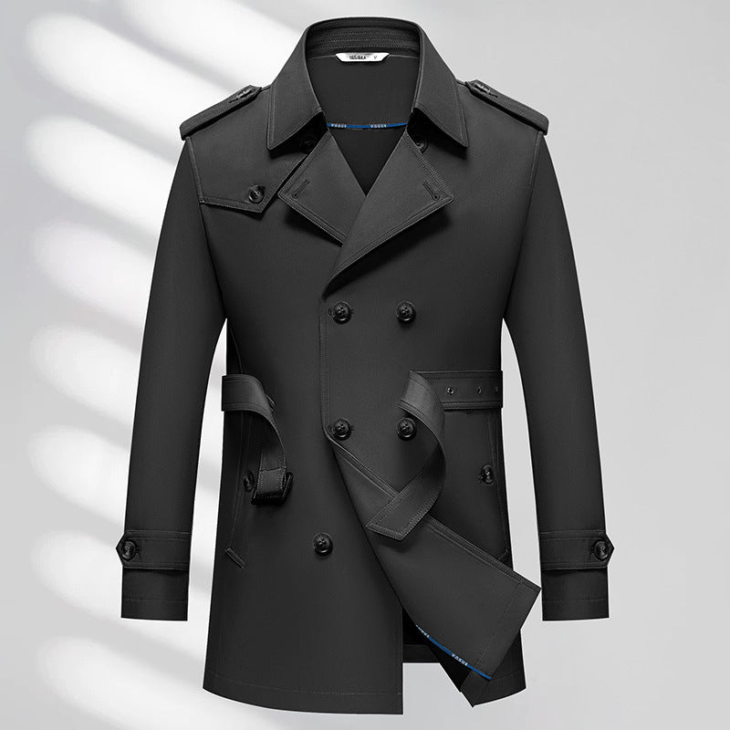 Men's business trench coat, black double-breasted with belt and flap pockets