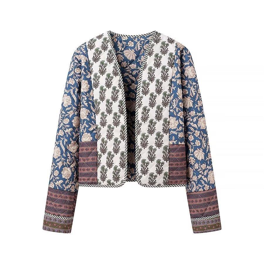 Women's casual double-sided jacket, blue floral sleeves, cream front with patterned borders