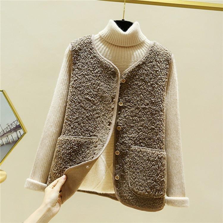 Chaleco de peluche de cordero, chaqueta camisola de piel