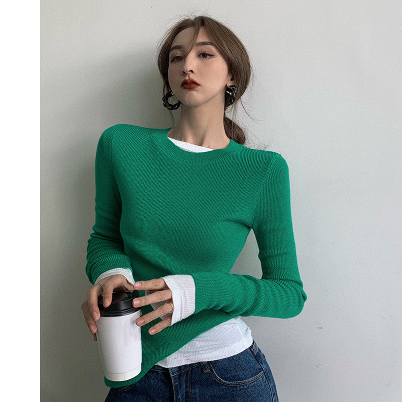 Casual Women's Solid Color Knitted Round Neck Sweater - WOMONA.COM