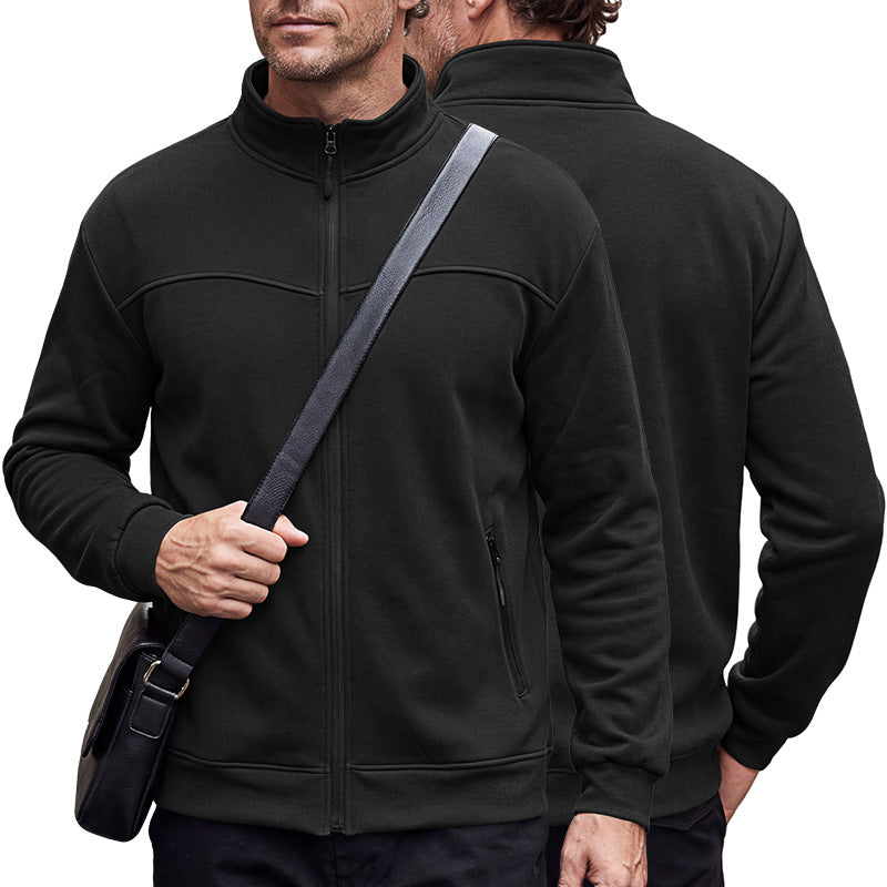 Black long-sleeve full-zip cardigan jacket with stand collar and side zipper pocket.