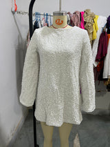 Long Sleeve Loose Sequins Short Spandex Dress - WOMONA.COM