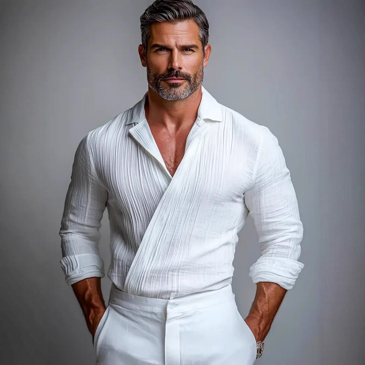 Mens long-sleeve dress shirt, light gray with button-down collar and stripe texture