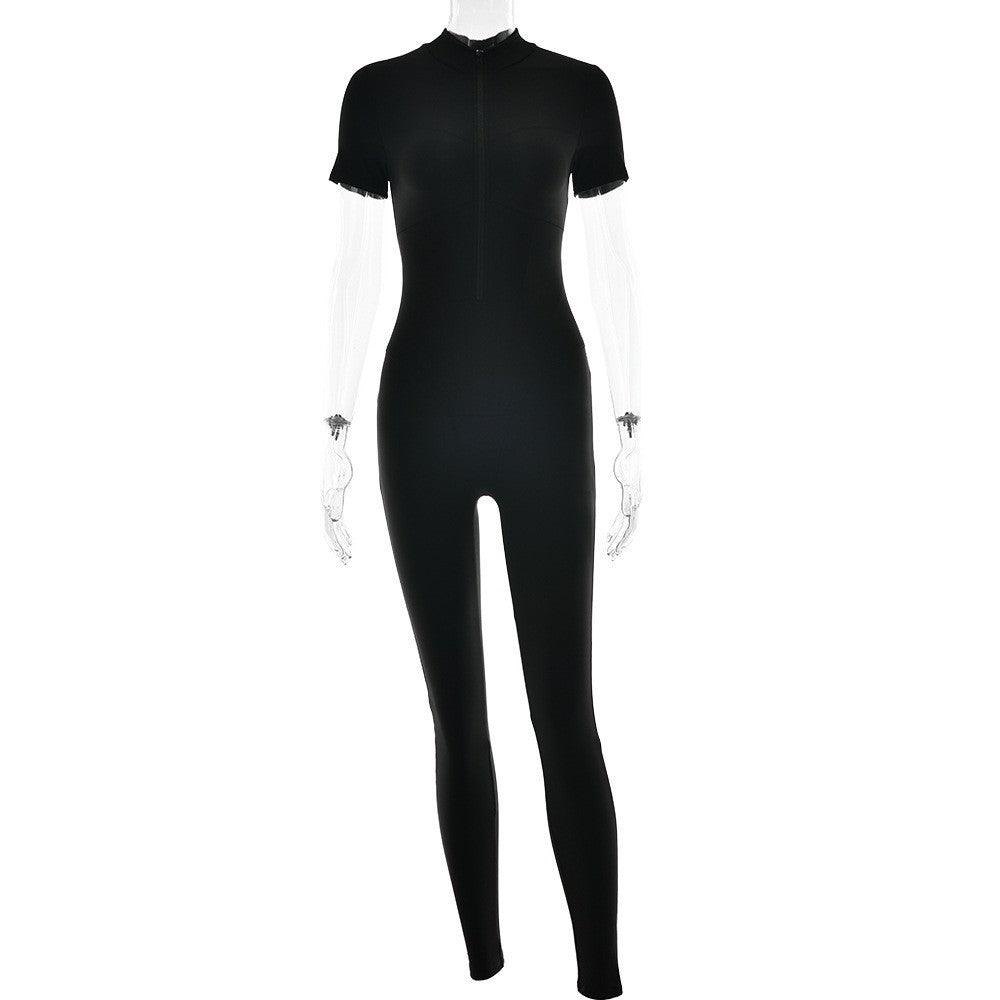 Black zip-front fitted jumpsuit with short sleeves and long slim legs